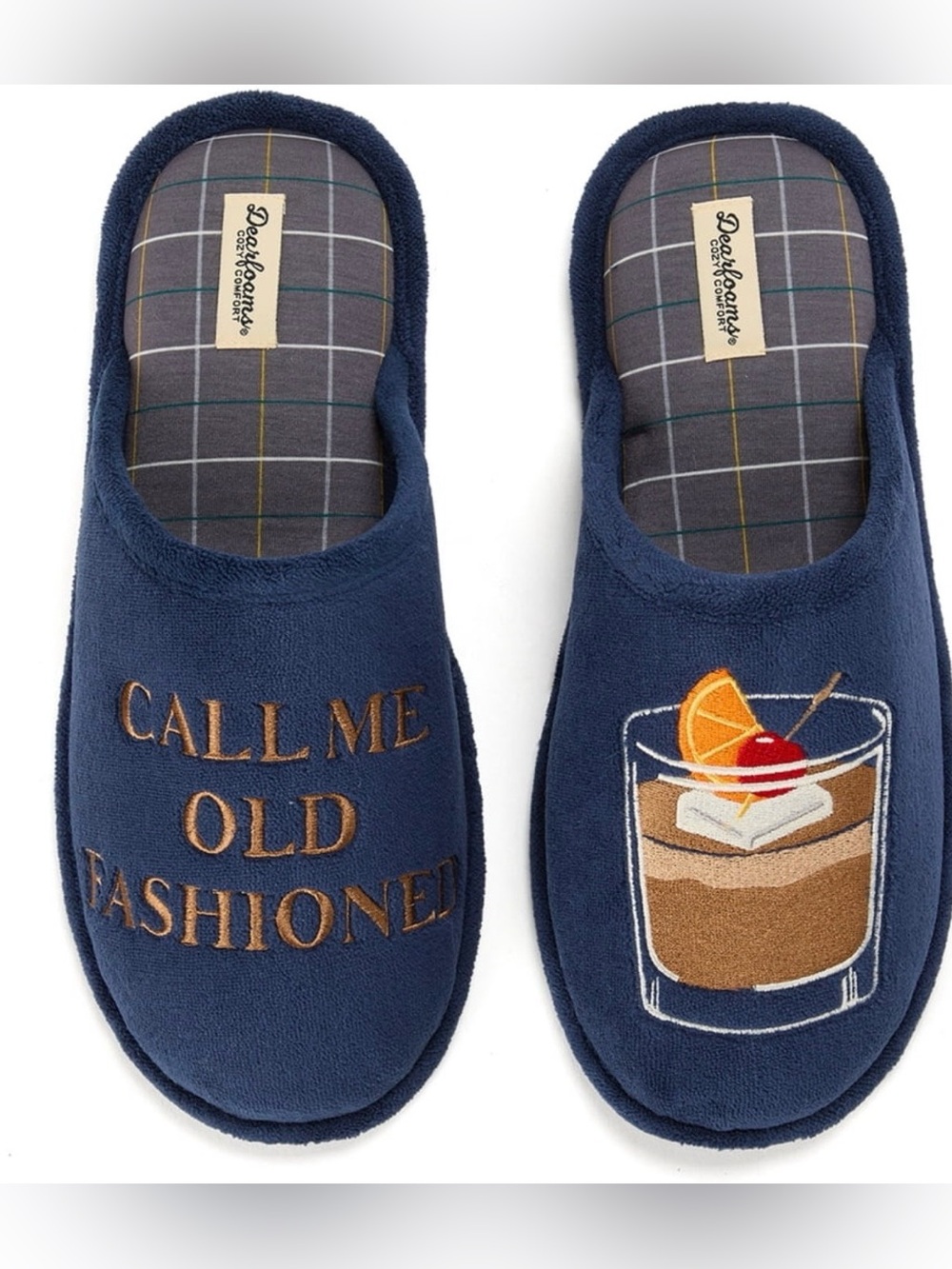 BRAND NEW Dearfoams Men's Navy 'Call Me Old Fashioned' Plush Slippers Size S-7/8